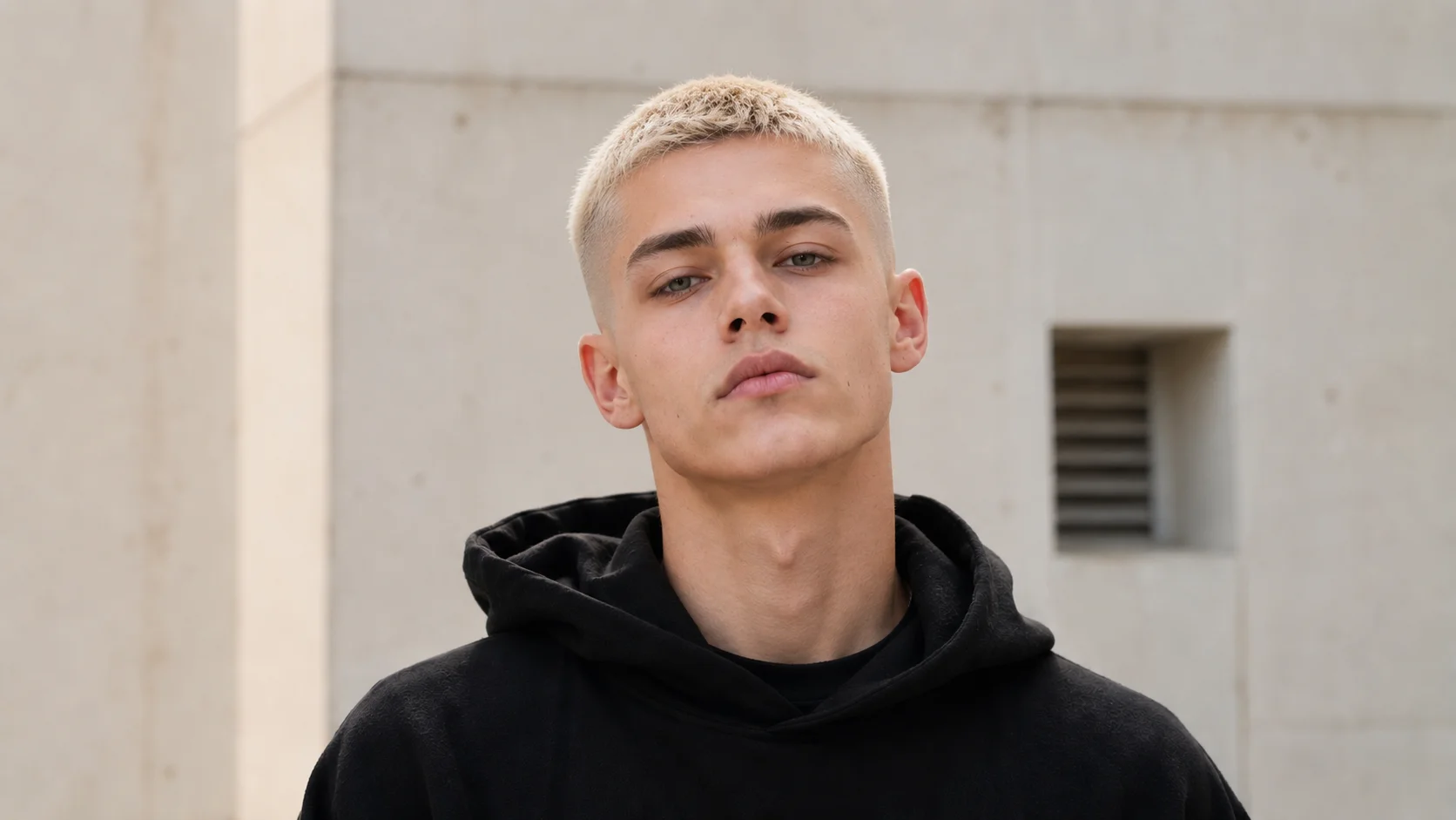 Before-and-after comparison of a portrait with shoulder-length hair transformed into a classic buzz cut. result