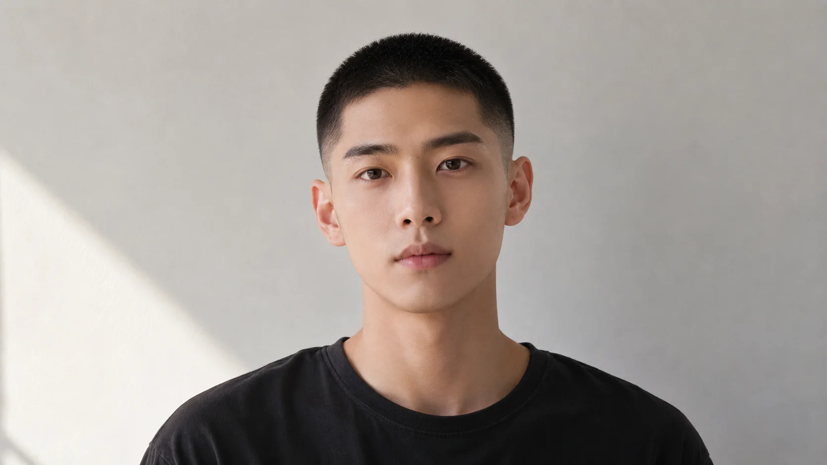 Before-and-after comparison of a portrait with medium-length hair transformed into a low fade buzz cut.