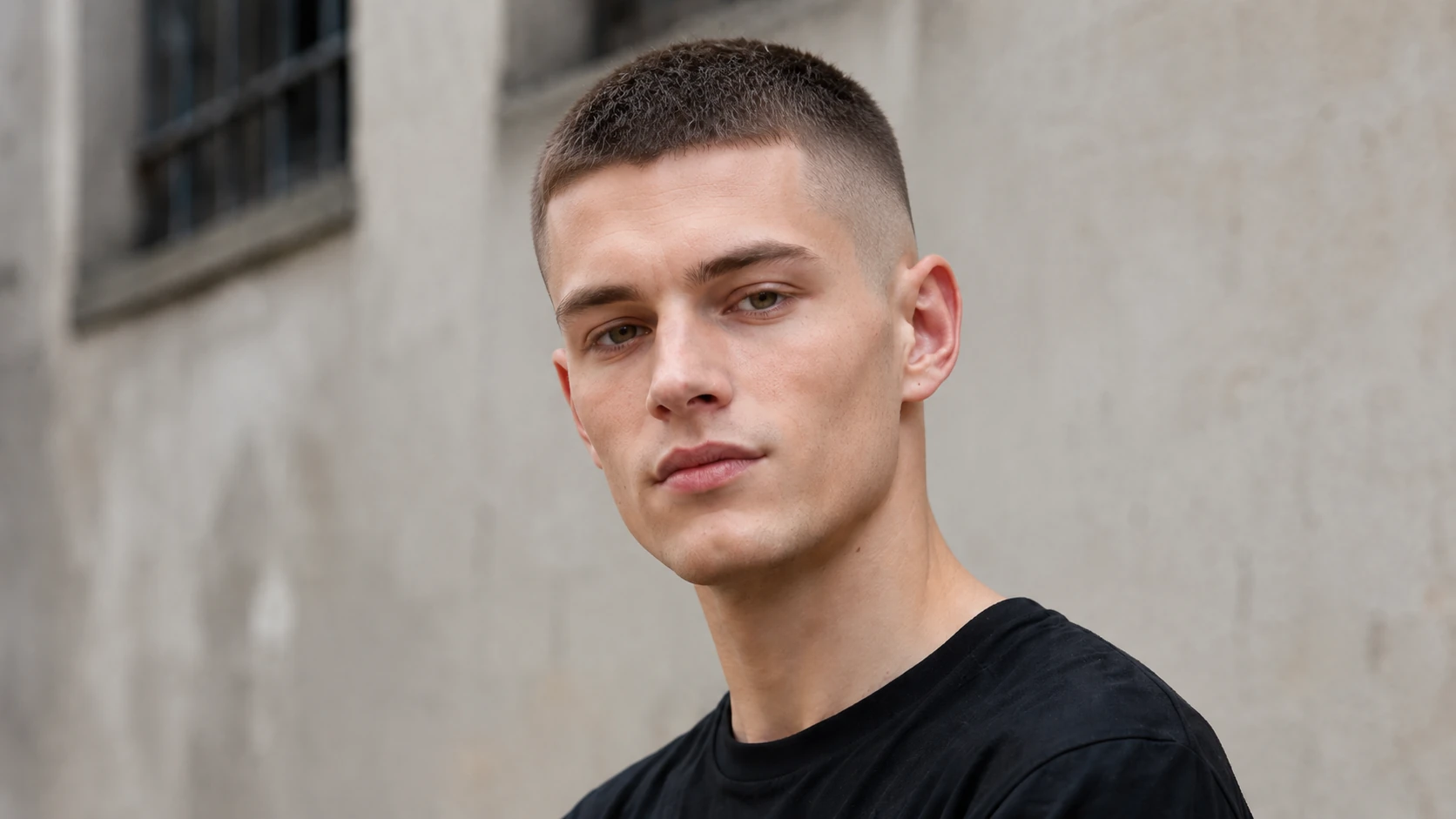 Before-and-after comparison of a portrait with wavy medium-length hair transformed into a skin fade buzz cut.