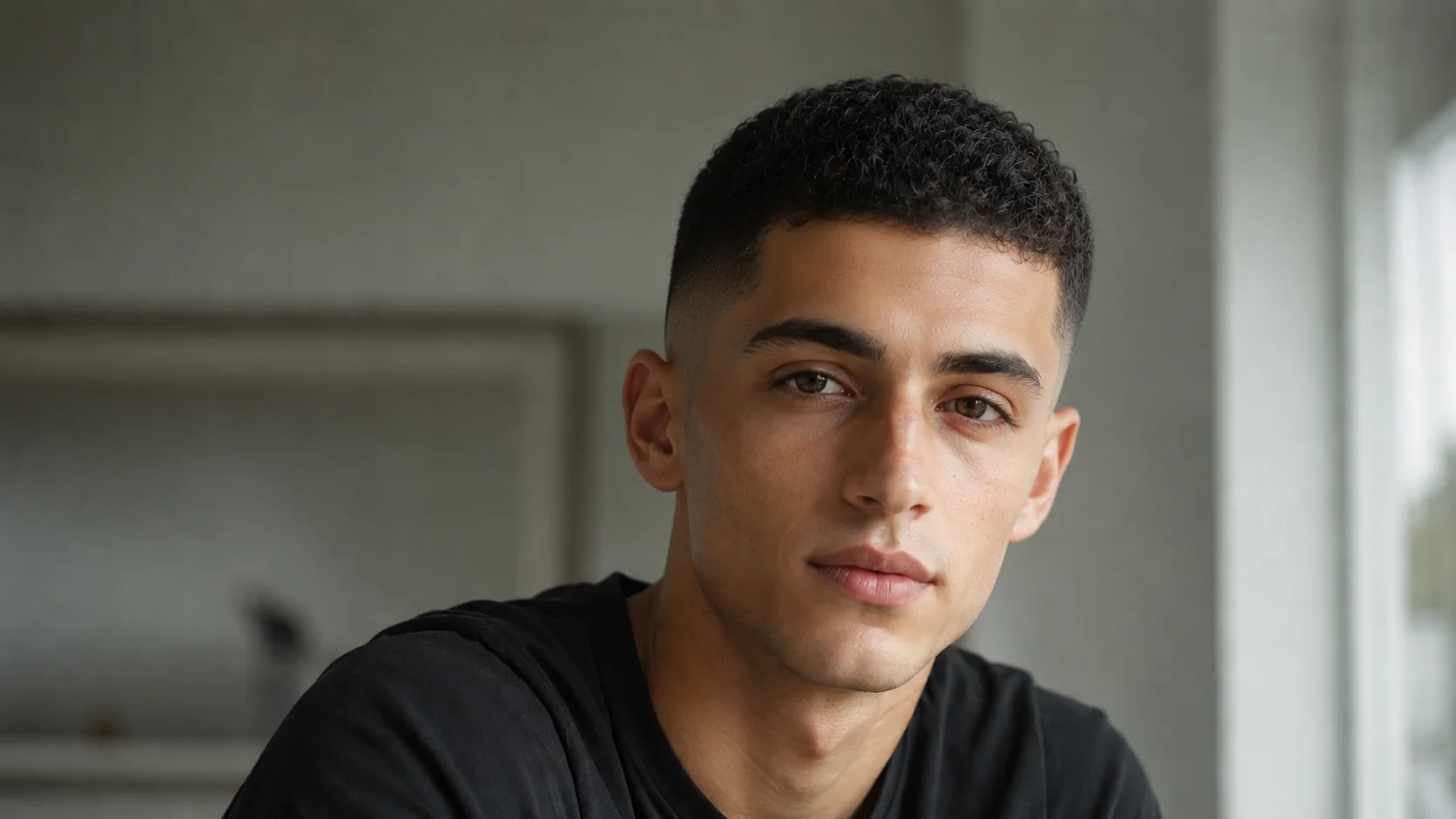 Before-and-after comparison of a portrait with curly hair transformed into a buzz cut. result