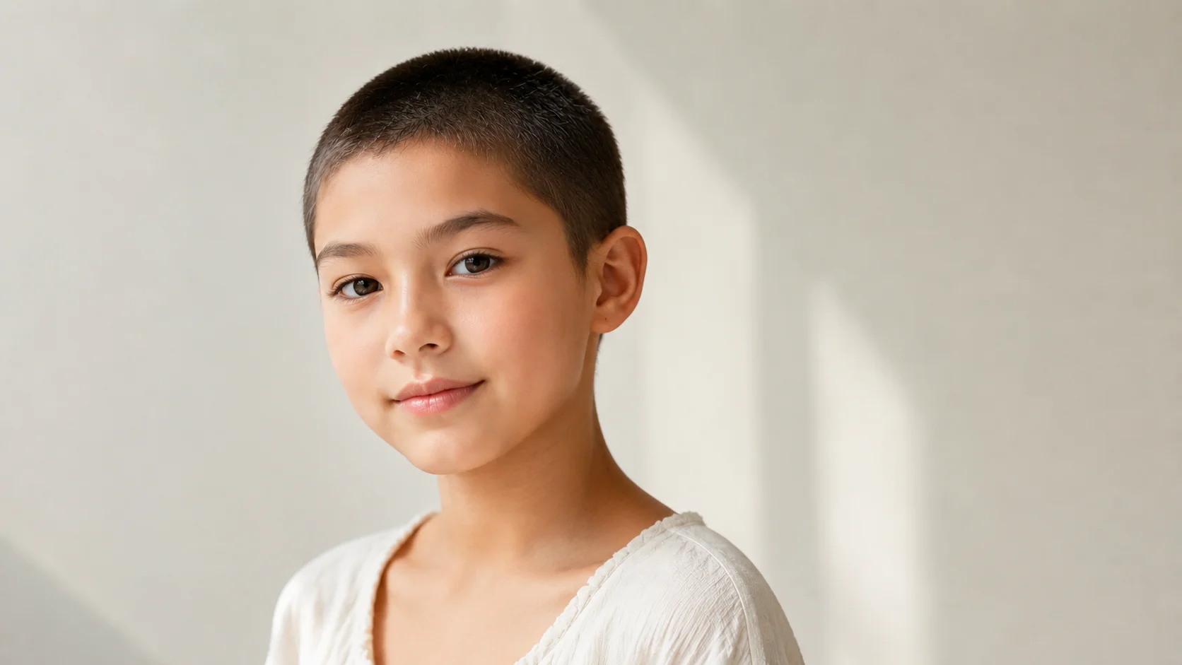 Before-and-after comparison of a front-facing portrait transformed into a short buzz cut with a clean hairline. result