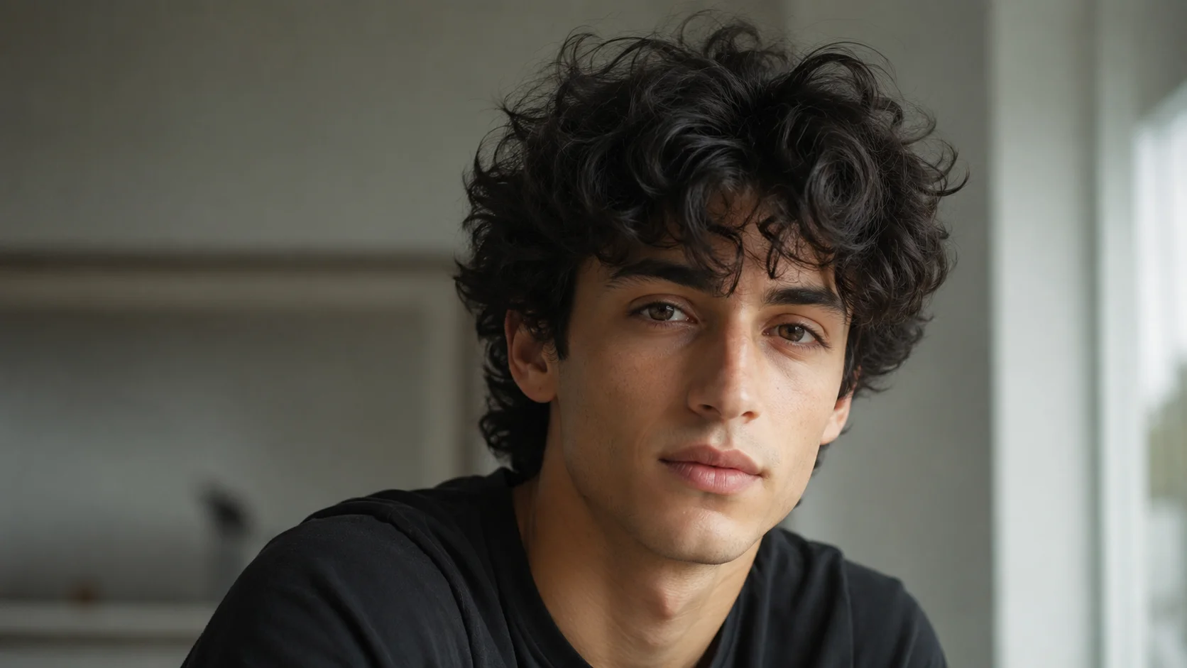 Before-and-after comparison of a portrait with curly hair transformed into a buzz cut.