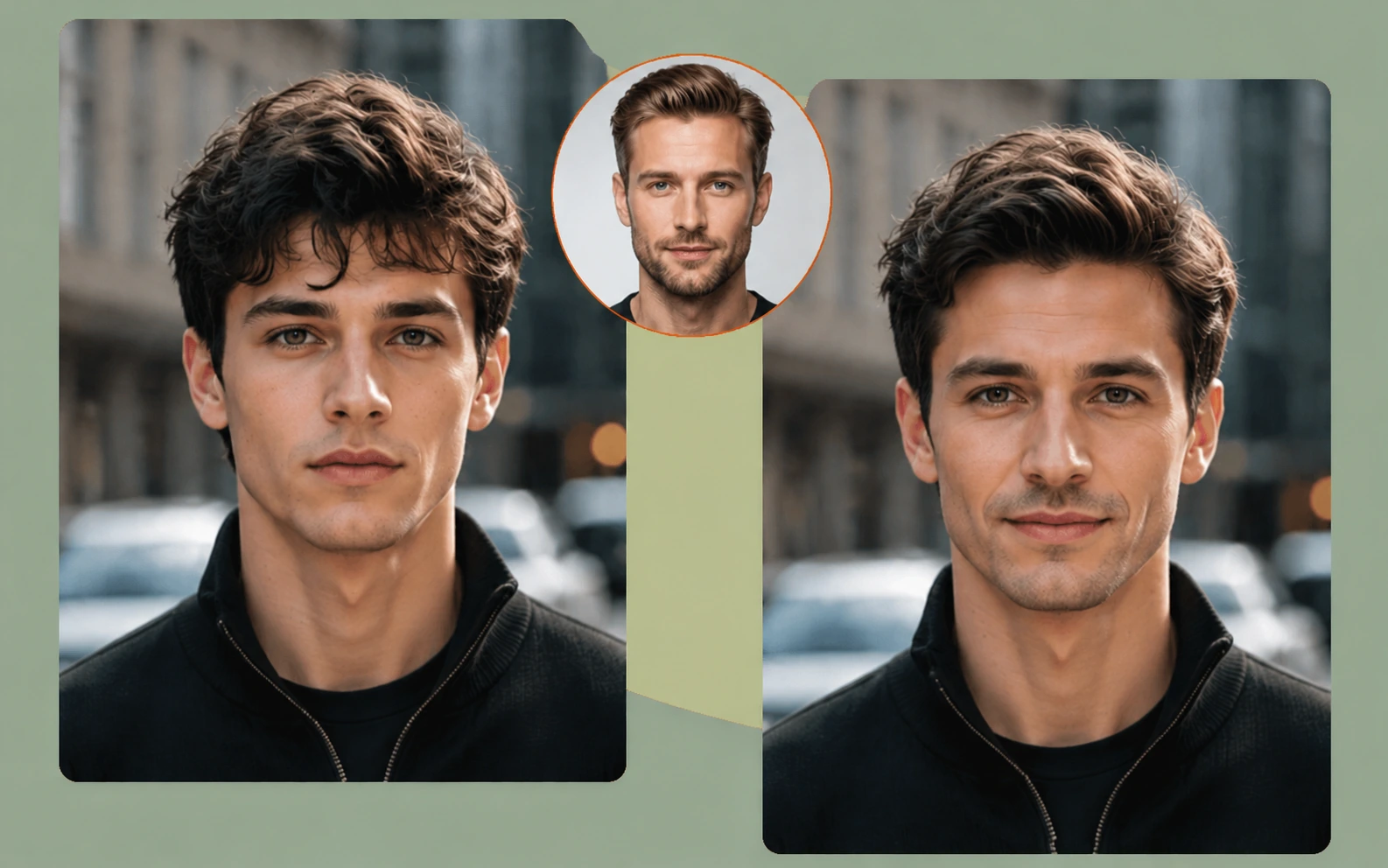 A reference face morph example with two male portraits and a smaller portrait between them.