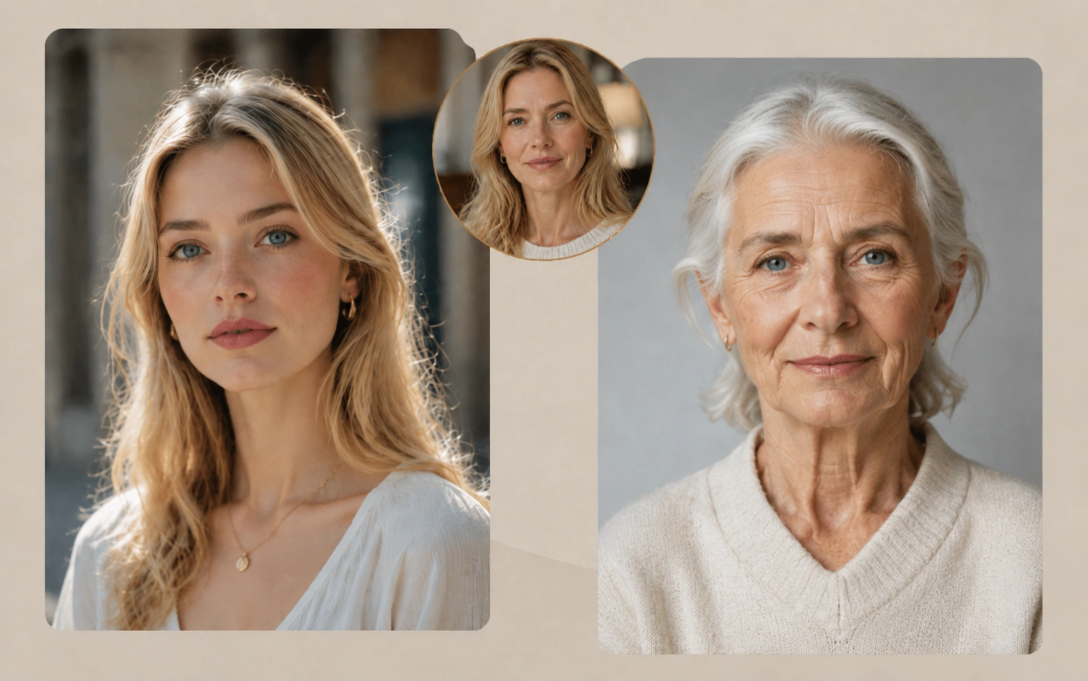 A reference face morph example showing younger and older portraits with a smaller portrait between them.