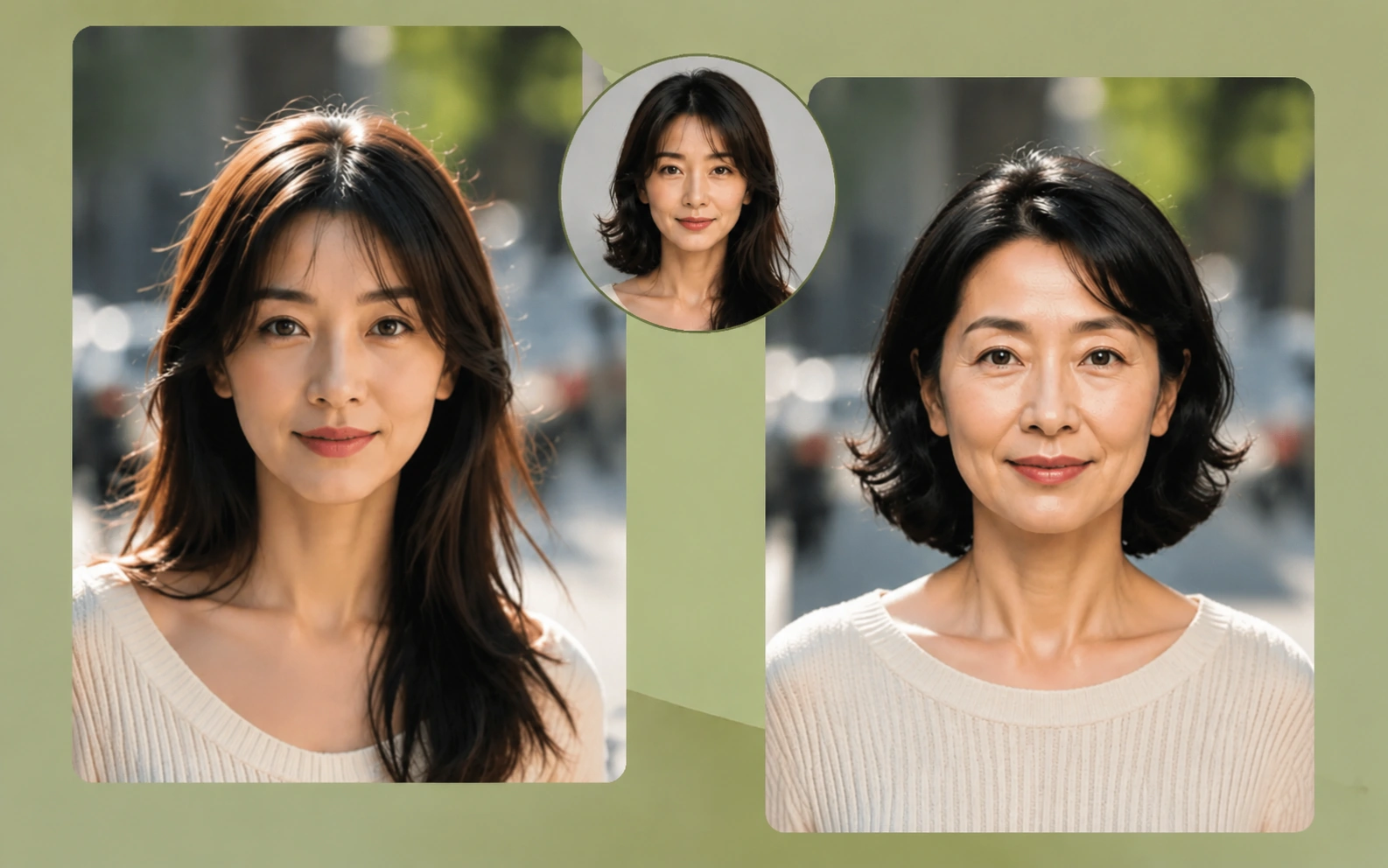 A reference face morph example with two female portraits and a smaller portrait between them.