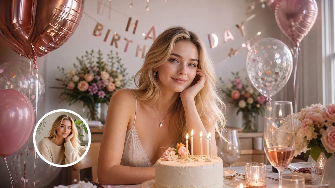 A soft indoor birthday portrait with pastel balloons, flowers, candles, and a white cake.