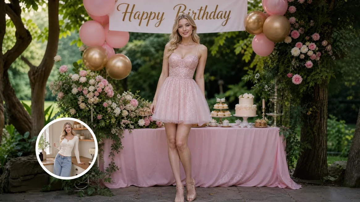 An outdoor garden birthday portrait with a pink dress, birthday banner, balloons, flowers, and cake stands.