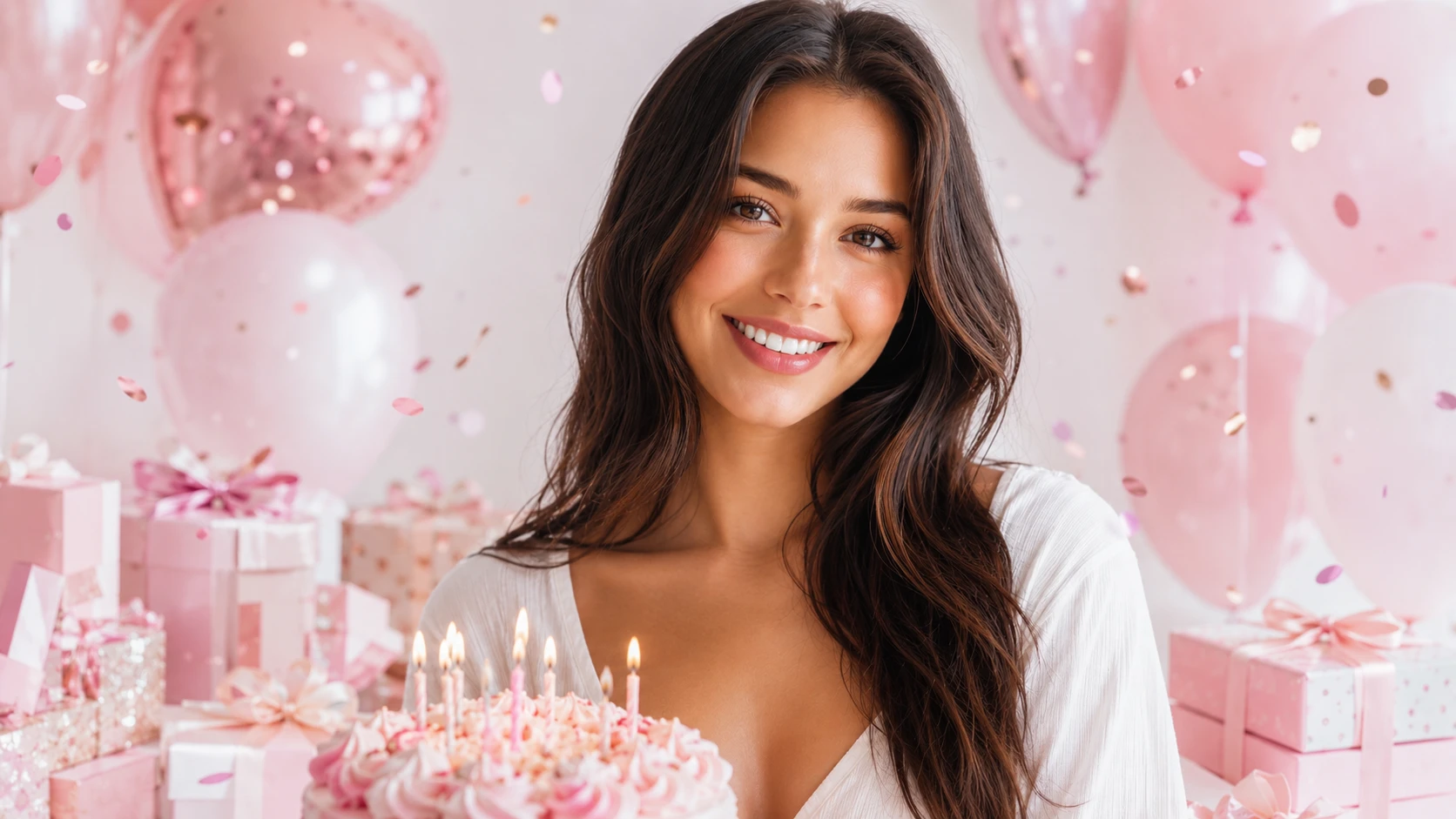 A pink birthday portrait with pastel balloons, wrapped gifts, confetti, and a birthday cake.