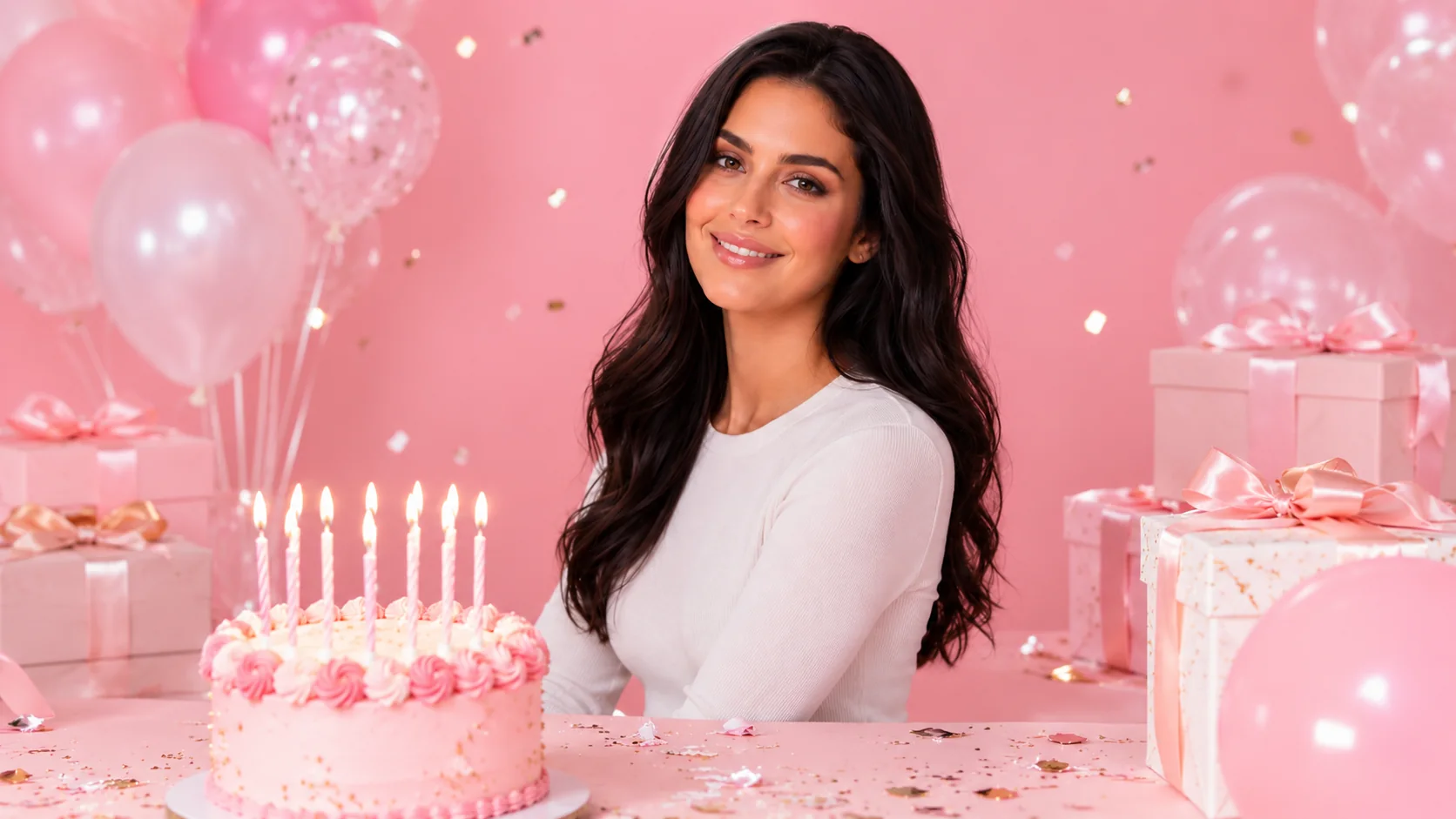 A pink birthday portrait with pastel balloons, wrapped gifts, confetti, and a pink cake.