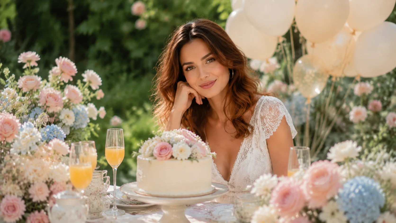 A garden birthday portrait with pastel flowers, cream balloons, a lace dress, and a floral cake.