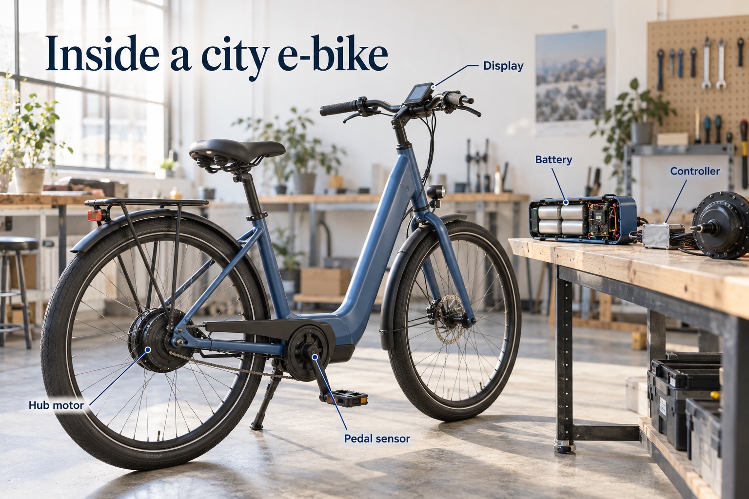 Blue electric city bicycle in a real workshop with five labeled components and an exposed battery on the bench.