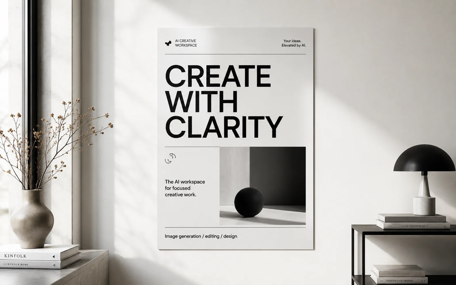 Minimal AI creative workspace poster with readable Create With Clarity headline.
