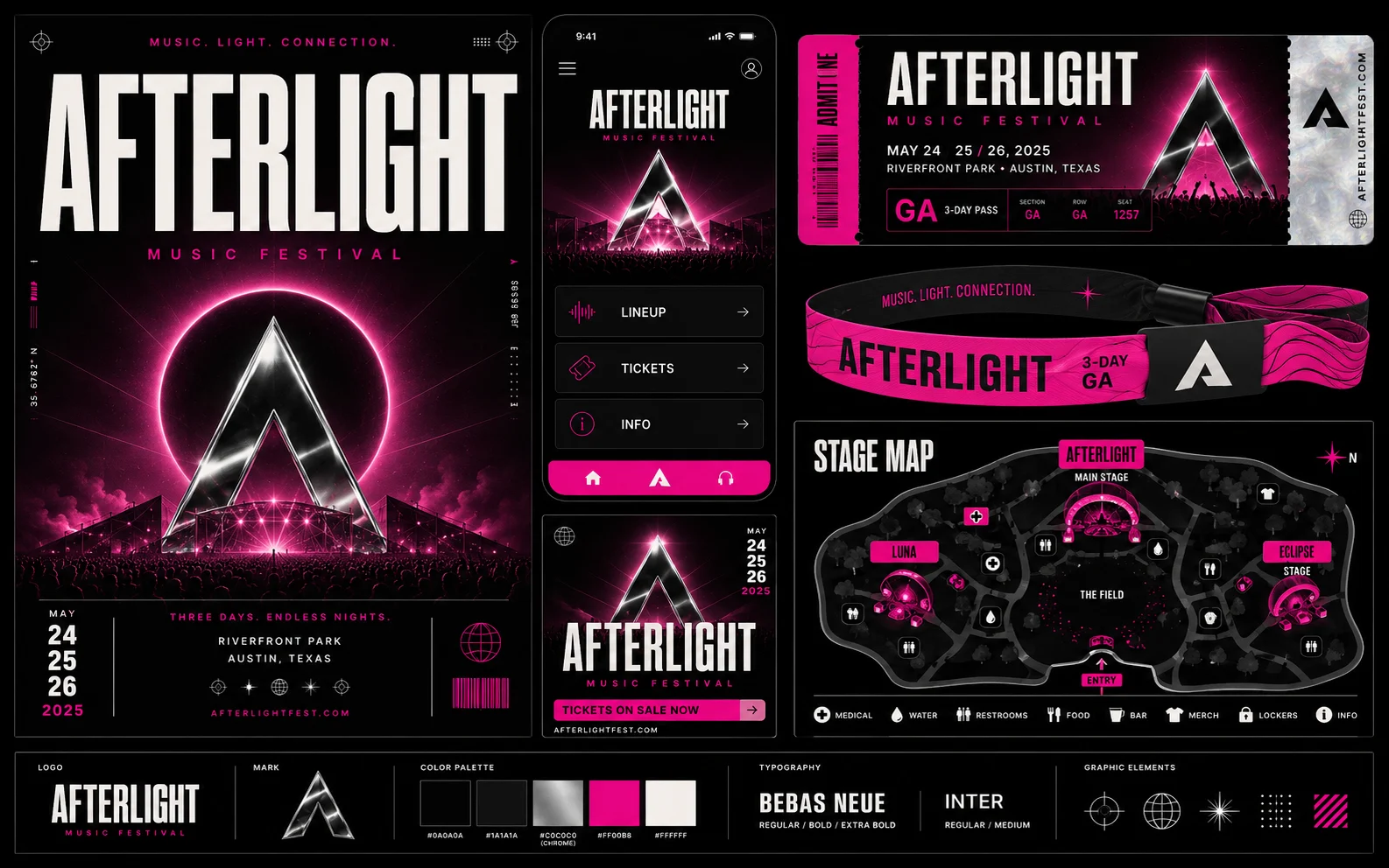 Afterlight music festival design system with poster, mobile screen, ticket, wristband, and stage map.