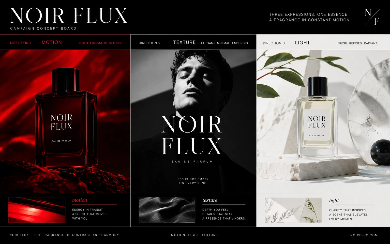 Noir Flux fragrance campaign concept board with multiple ad directions and readable text.