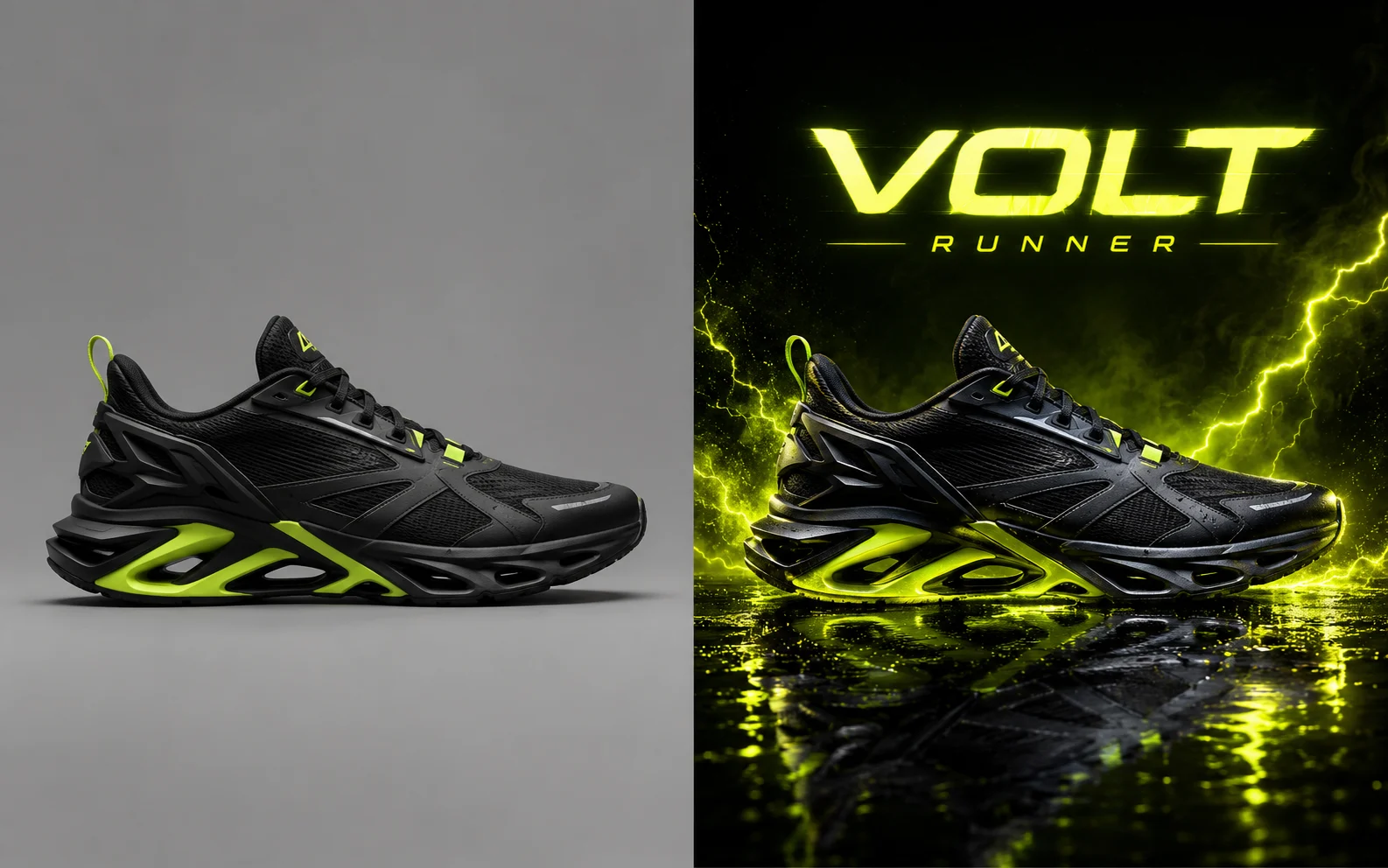 Before and after sneaker edit comparison preserving the same shoe while changing the campaign setting.