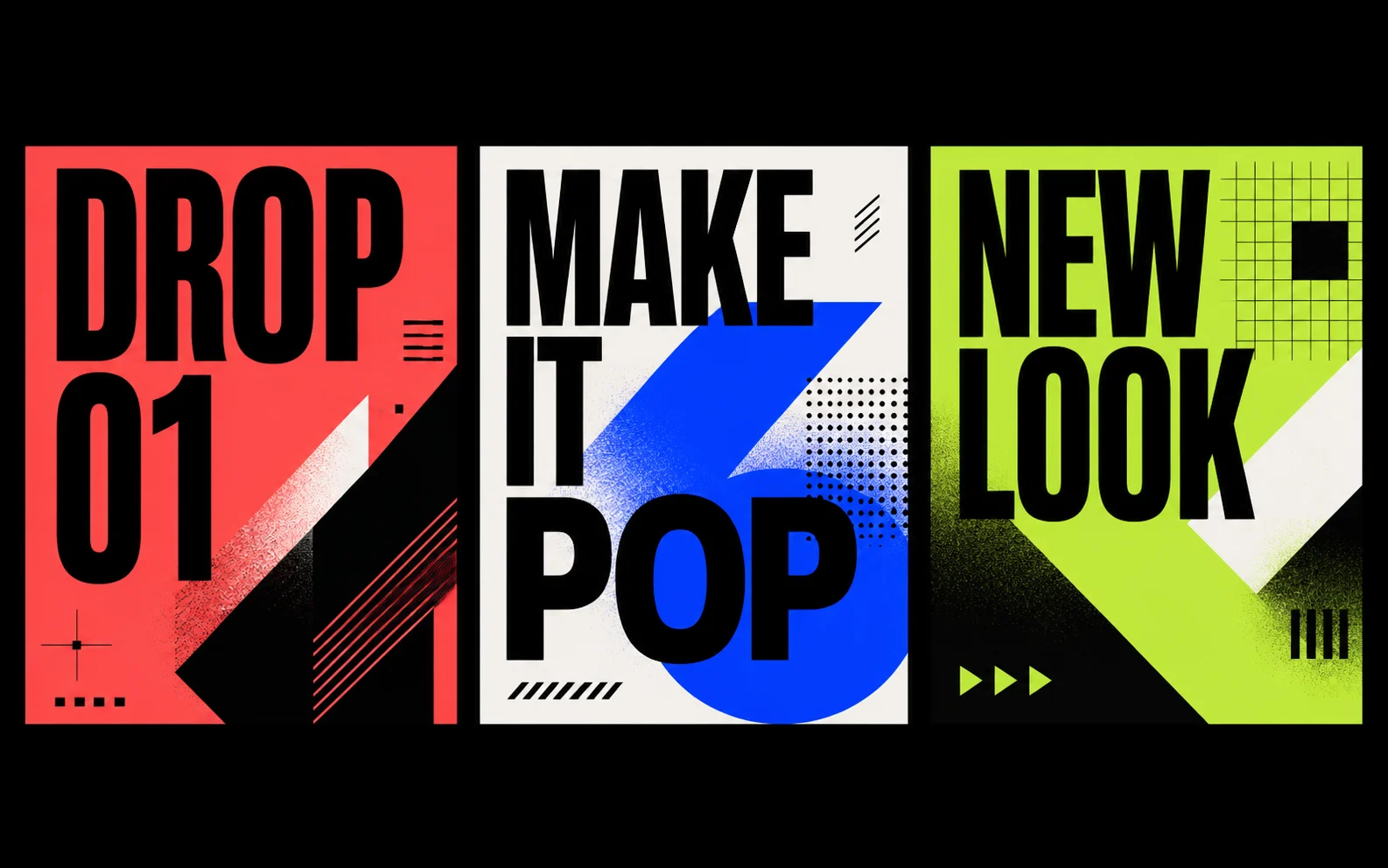 Three bold social media campaign tiles with readable Drop 01, Make It Pop, and New Look typography.