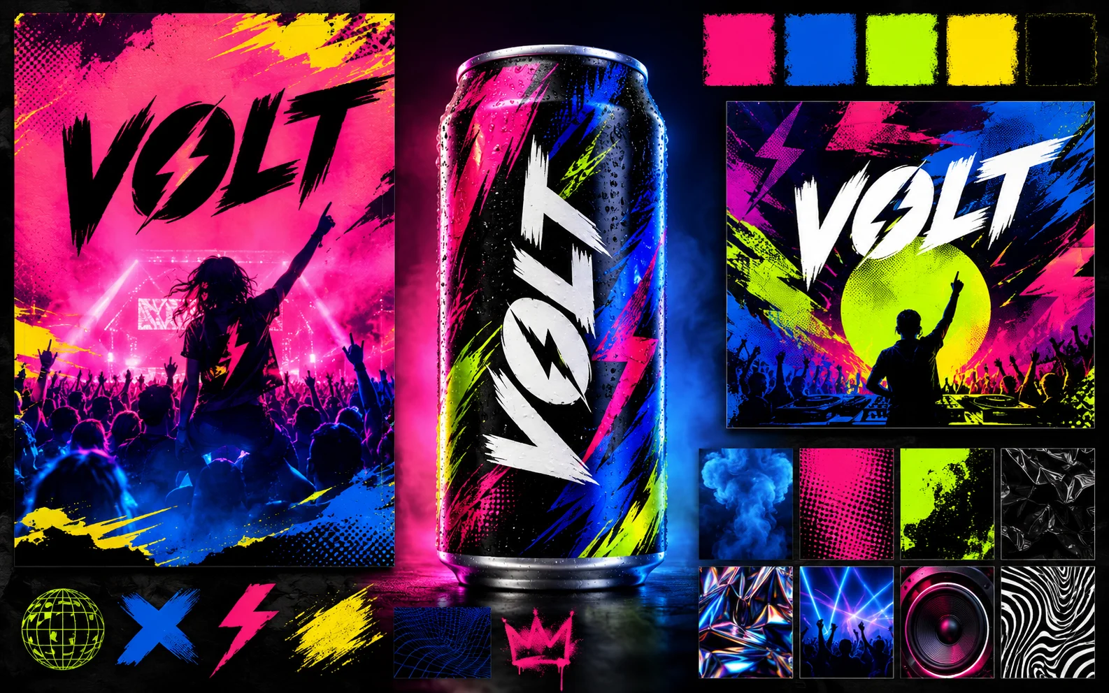 Colorful brand mood board with can mockup, poster, social tile, and swatches.