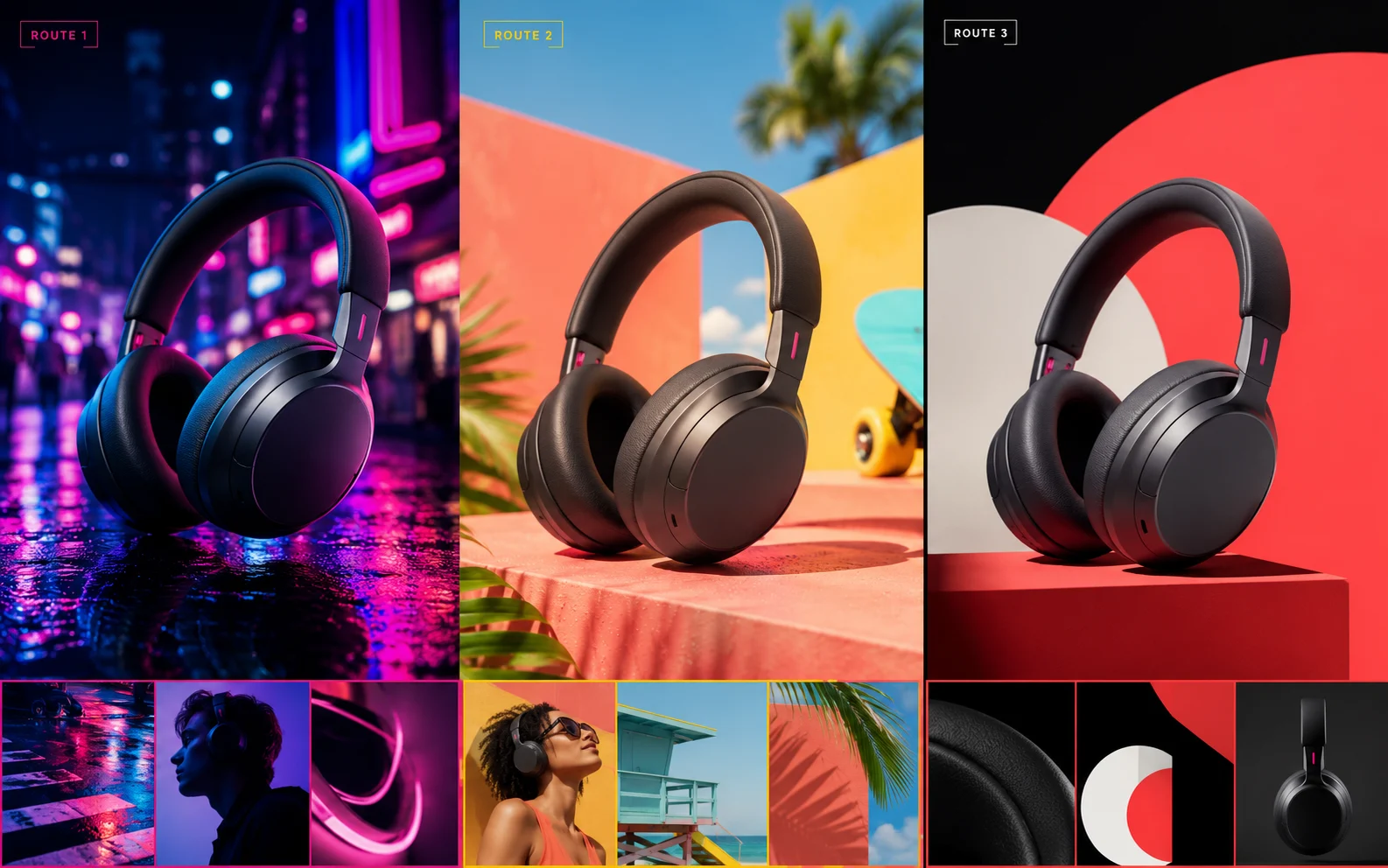 Three vivid campaign directions for the same product concept.