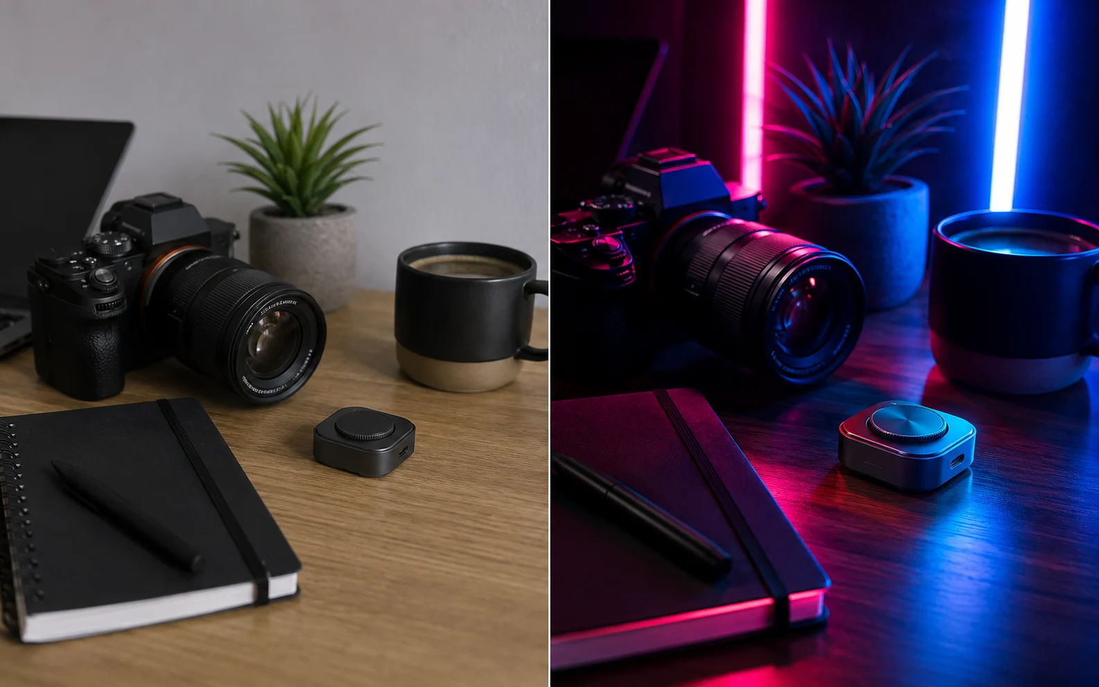 Before and after creator desk scene transformed into a cleaner colorful campaign setup.