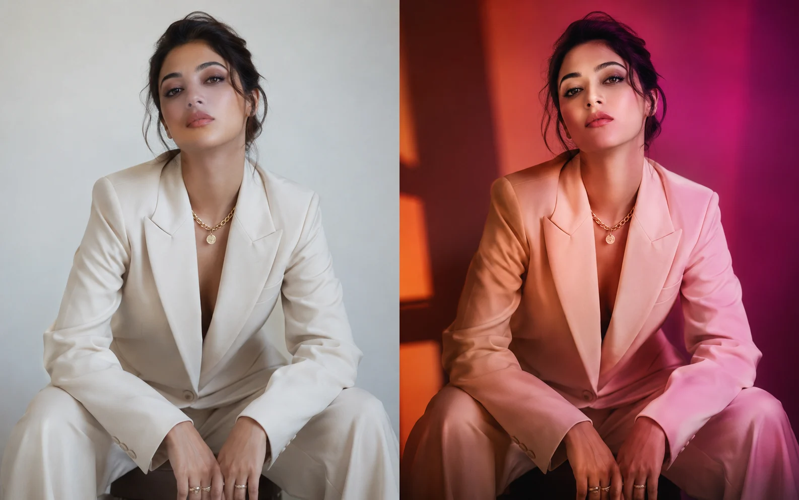 Before and after fashion portrait edit preserving the person while changing the scene.
