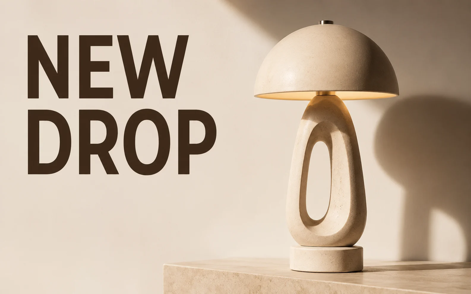 Colorful square campaign visual with a modern desk lamp and New Drop headline.