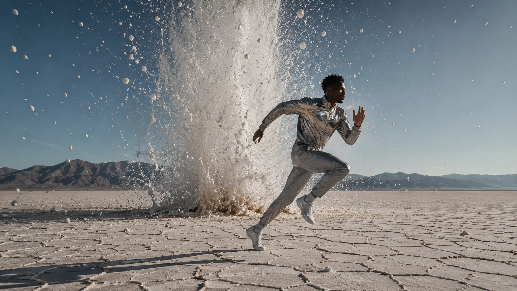 Silver-clad runner on a desert salt flat with a water column erupting behind them.
