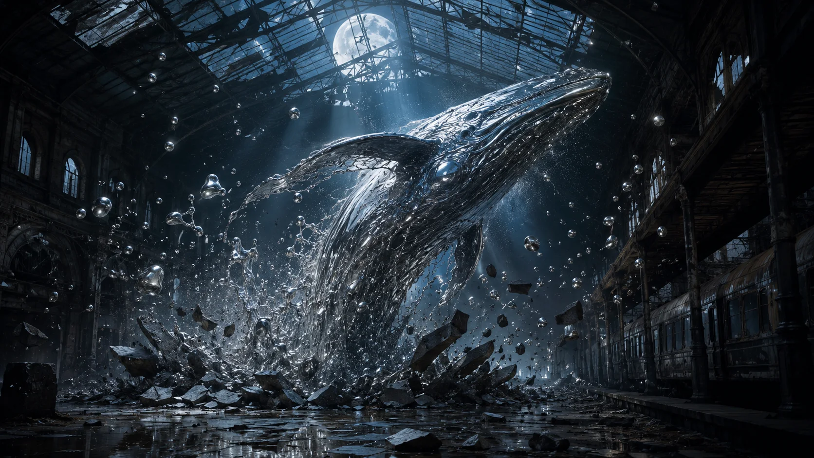 Liquid-metal whale breaching through the floor of an abandoned train station.