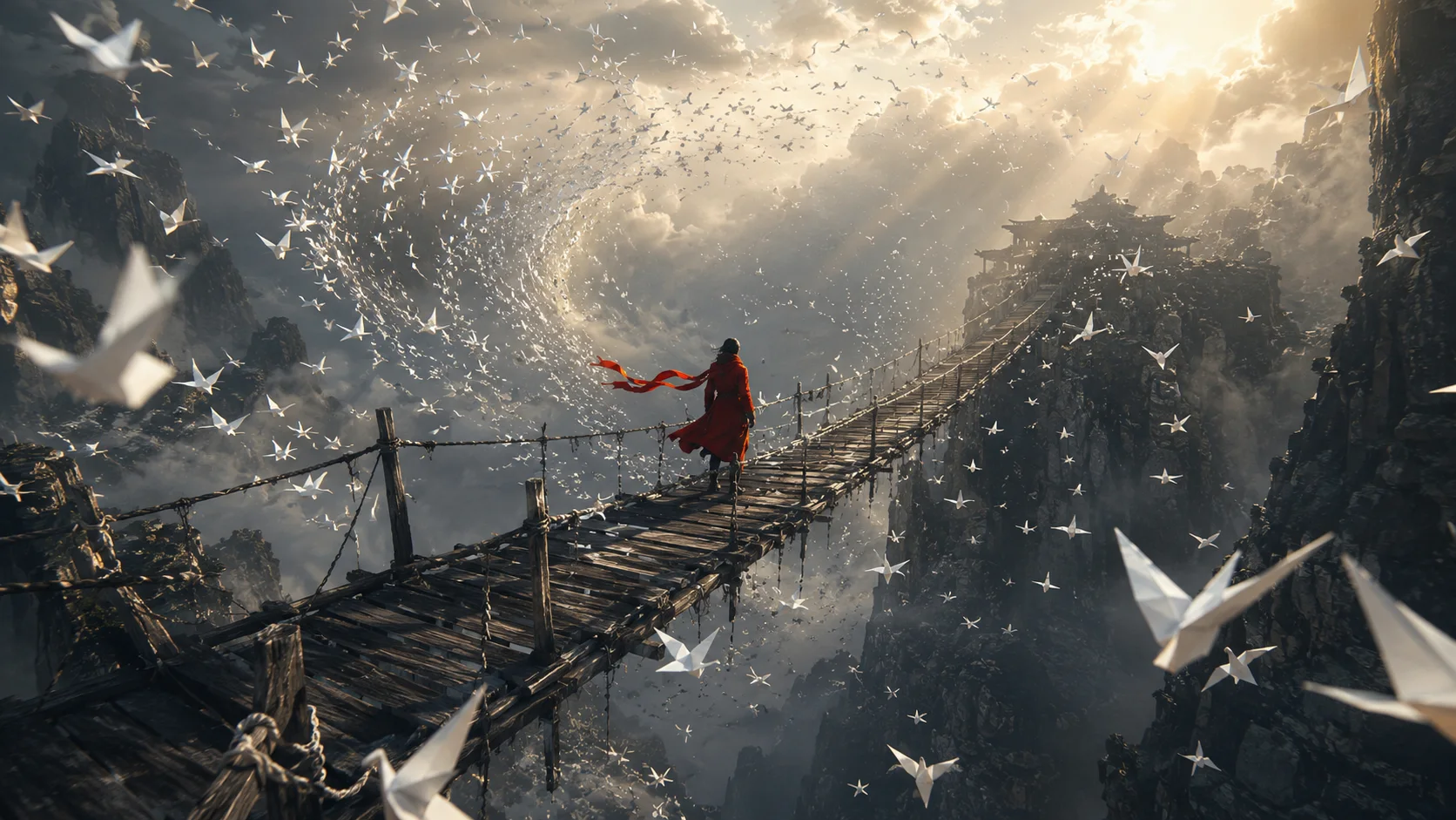 Red-coated traveler on a wooden bridge surrounded by spiraling white paper birds.