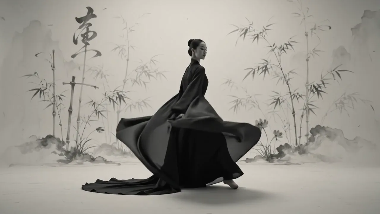 Silk-cloaked dancer spinning through a black-and-white ink garden.