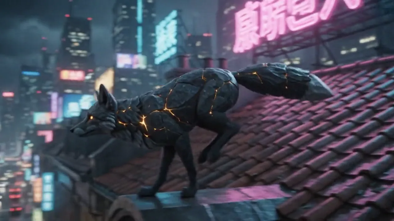 Stone fox leaping across rain-soaked rooftops at night.