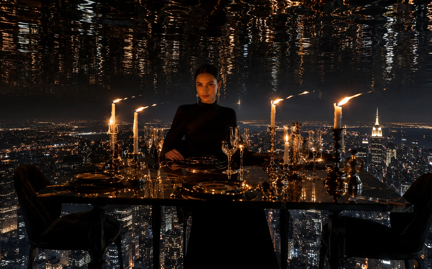 Elegant dinner table floating above a night city with candlelight.