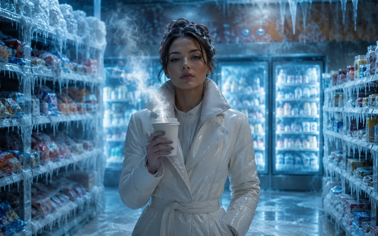 Fashion portrait of a woman holding coffee inside a frozen convenience store.