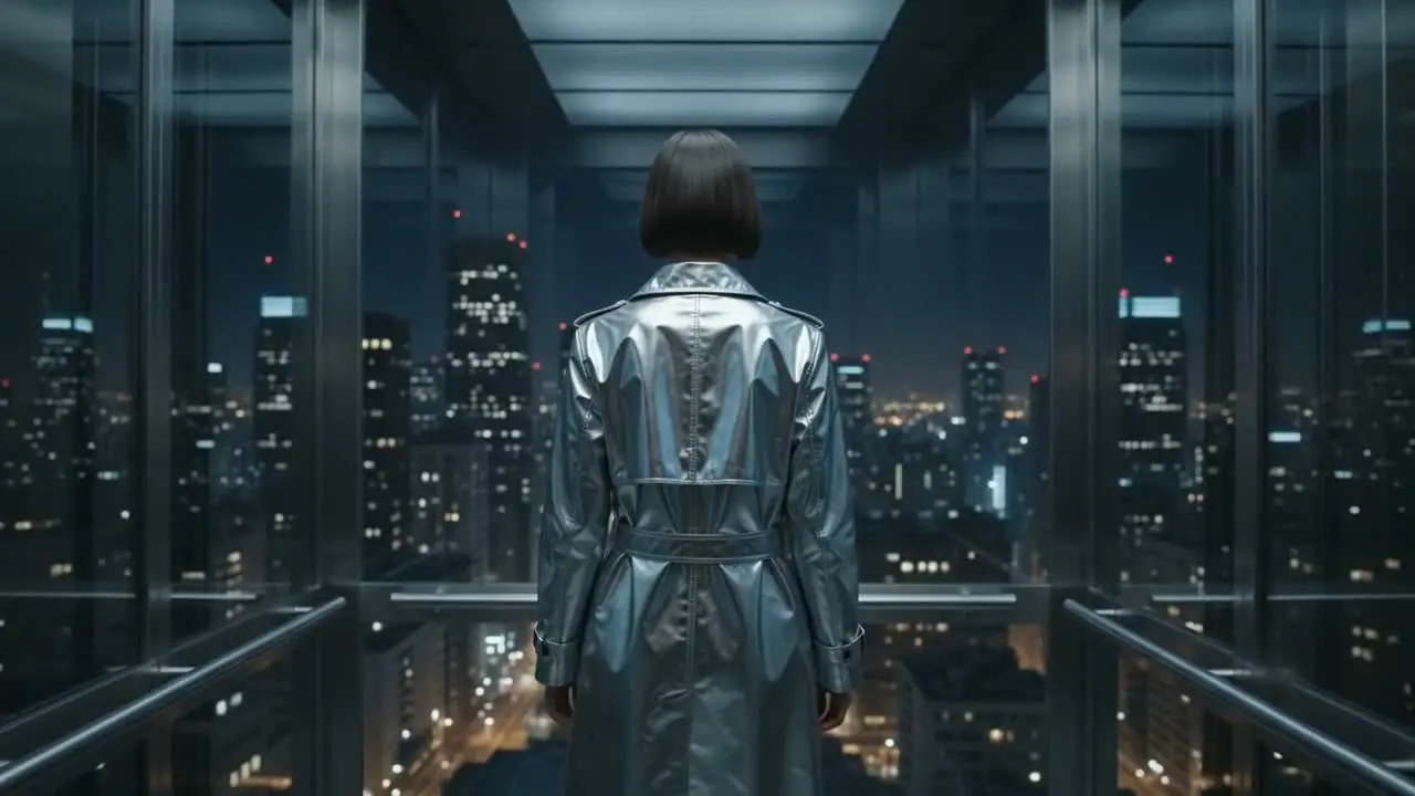 Woman in a silver coat standing inside a glass elevator above a night city.