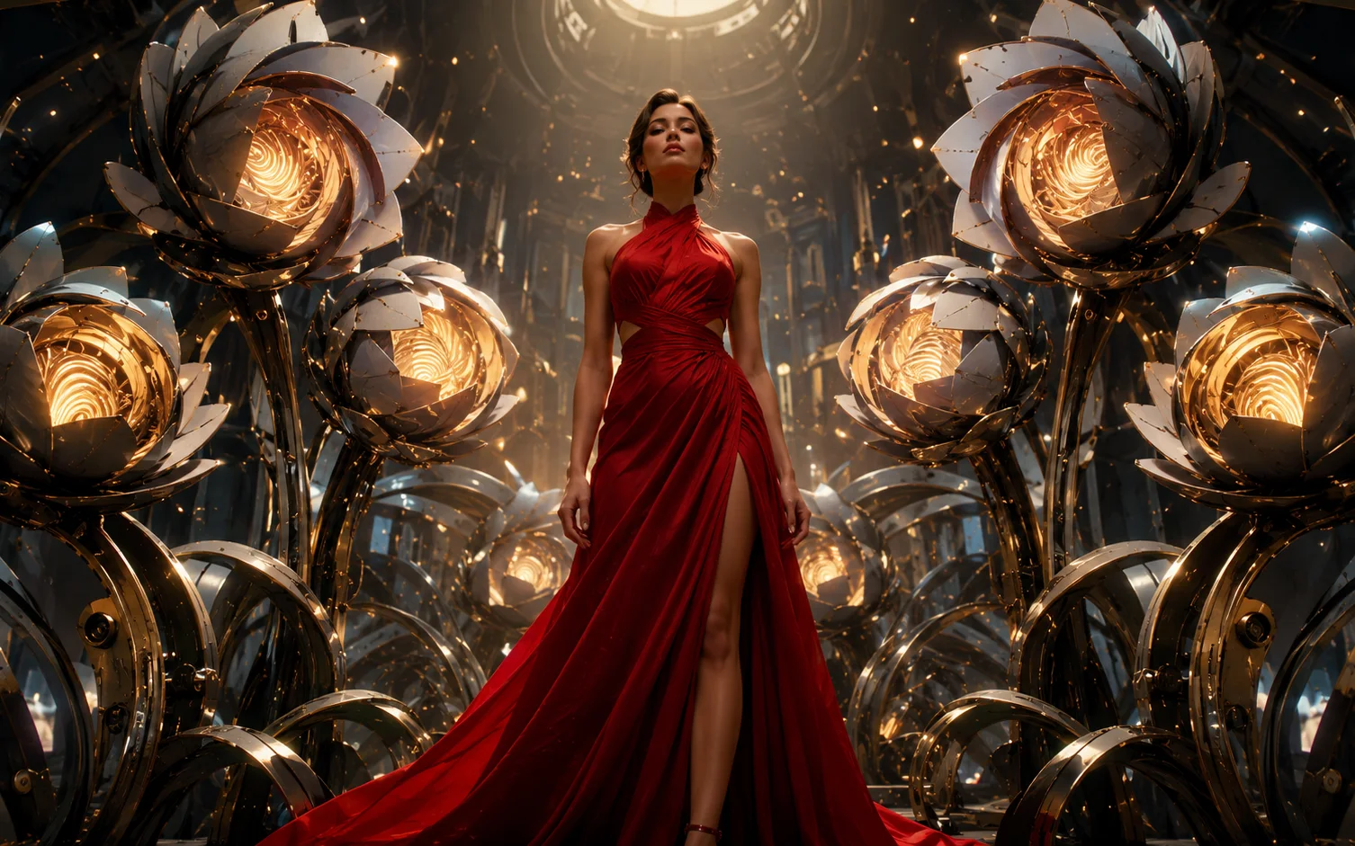 Woman in a red dress standing inside a glowing mechanical flower garden.