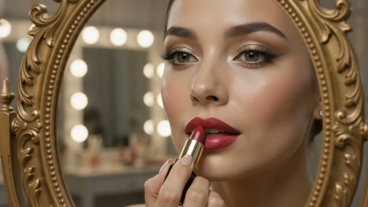 Beauty creator applying lipstick in an ornate mirror.