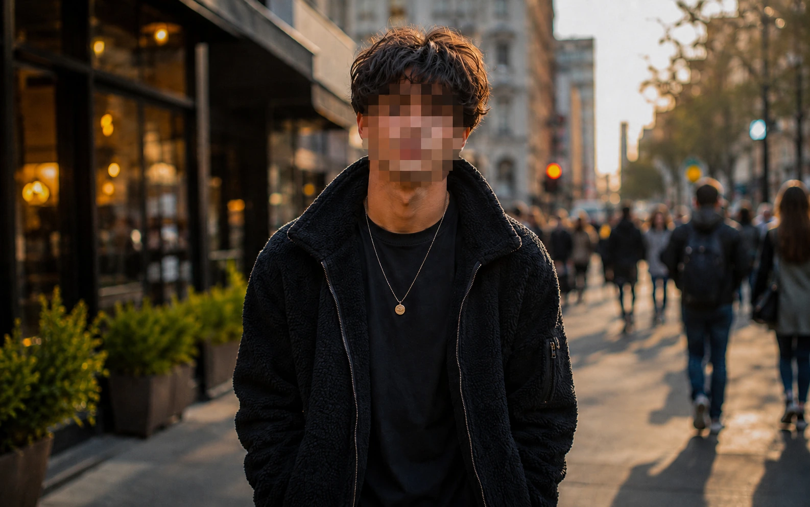 Before-and-after comparison of a street portrait with the face pixelated for privacy.
