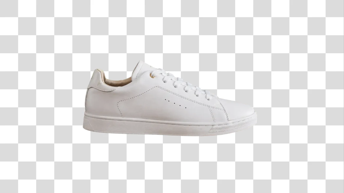 Before-and-after comparison of a white sneaker product photo with the room background removed. result