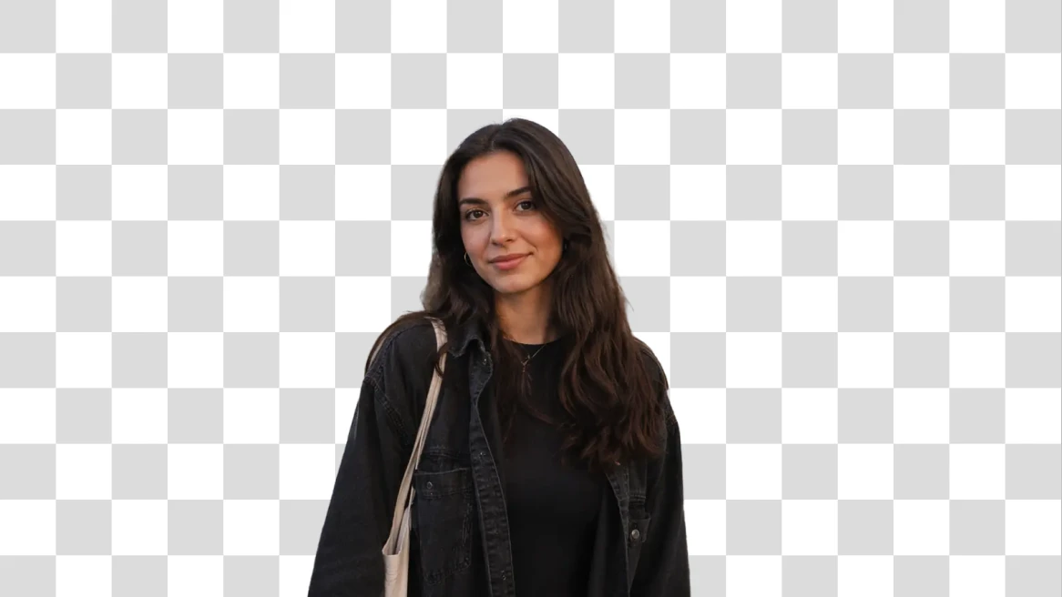 Before-and-after comparison of a woman near Tower Bridge with the city background removed. result
