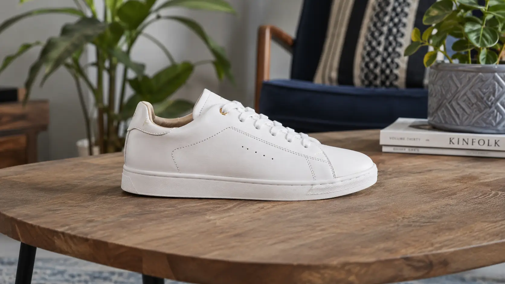Before-and-after comparison of a white sneaker product photo with the room background removed.