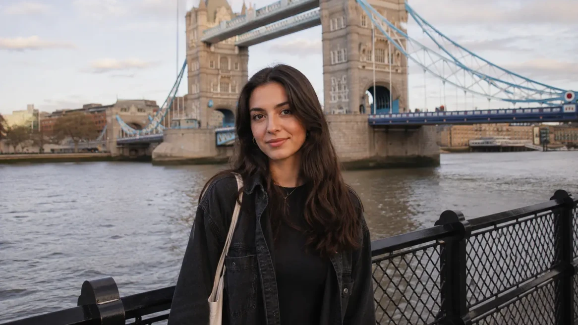 Before-and-after comparison of a woman near Tower Bridge with the city background removed.