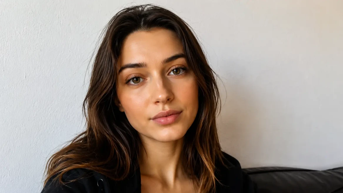 Before-and-after slider for a low-light portrait enhanced for cleaner skin tone, hair detail, and wall texture.