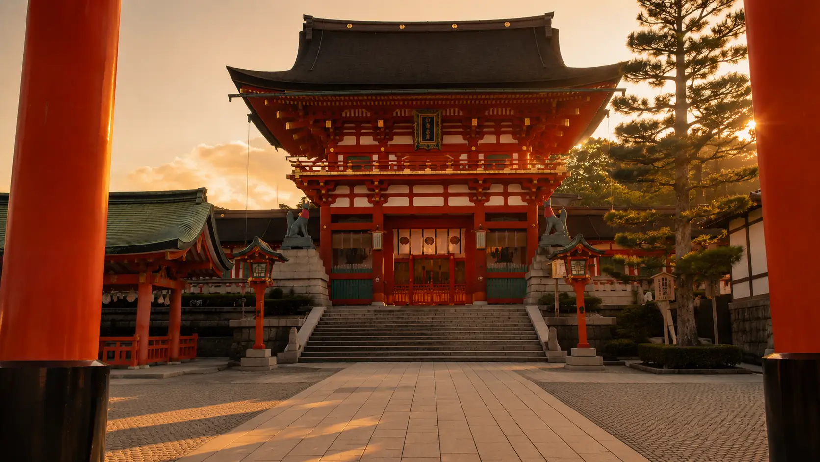 Before-and-after comparison of visitors removed from the entrance of a red temple at sunset.
