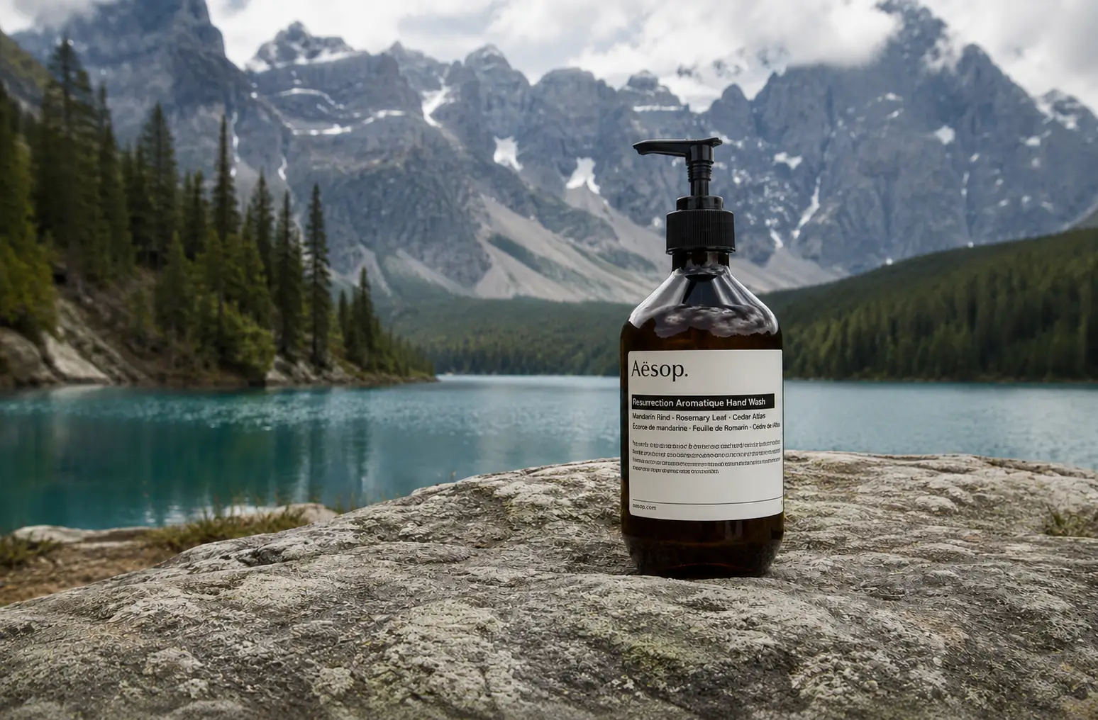 Before-and-after comparison of a bottle removed from a mountain lake photo while keeping the rock surface and background intact. result