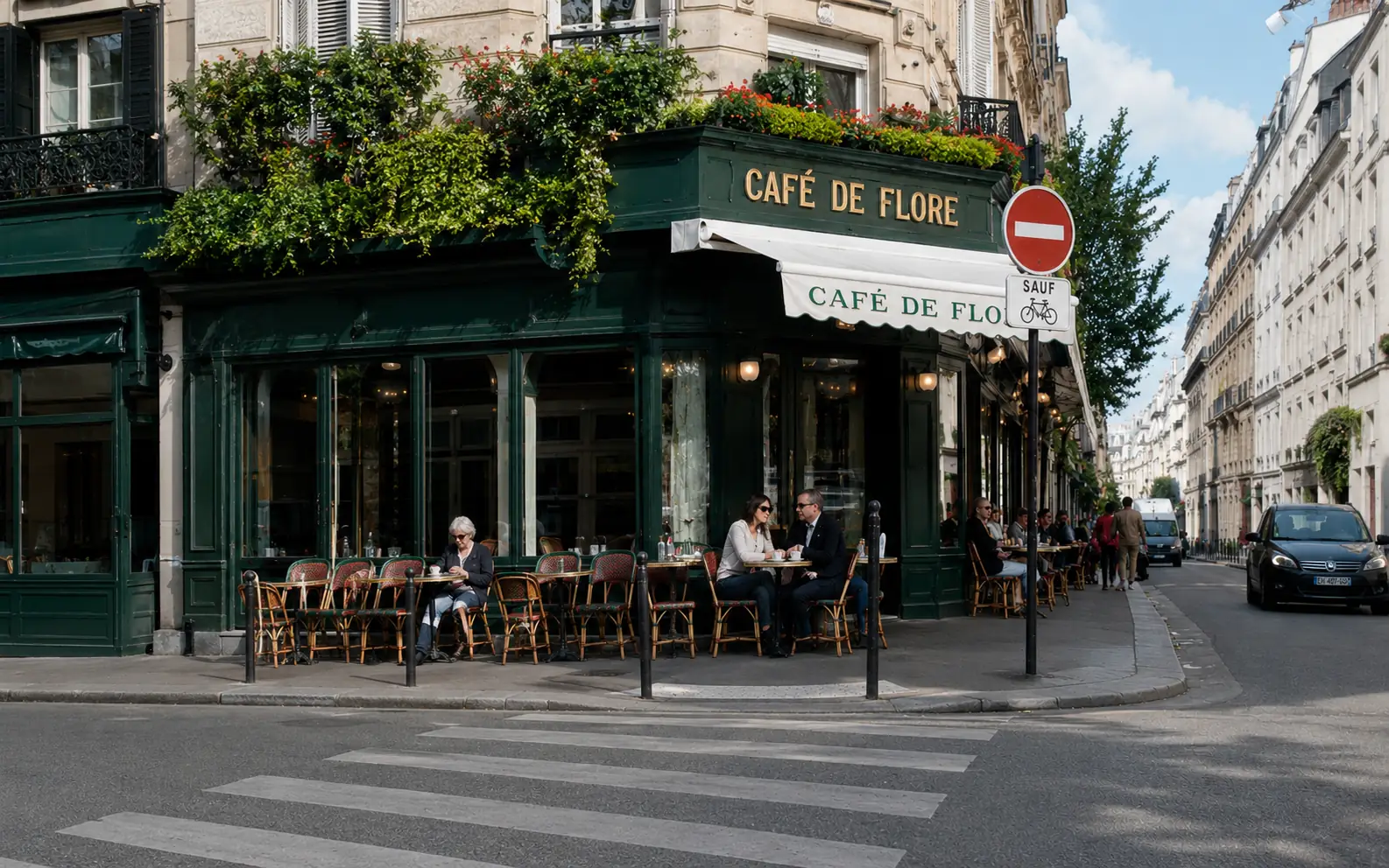 Before-and-after comparison of a foreground person removed from a Paris cafe street photo. result
