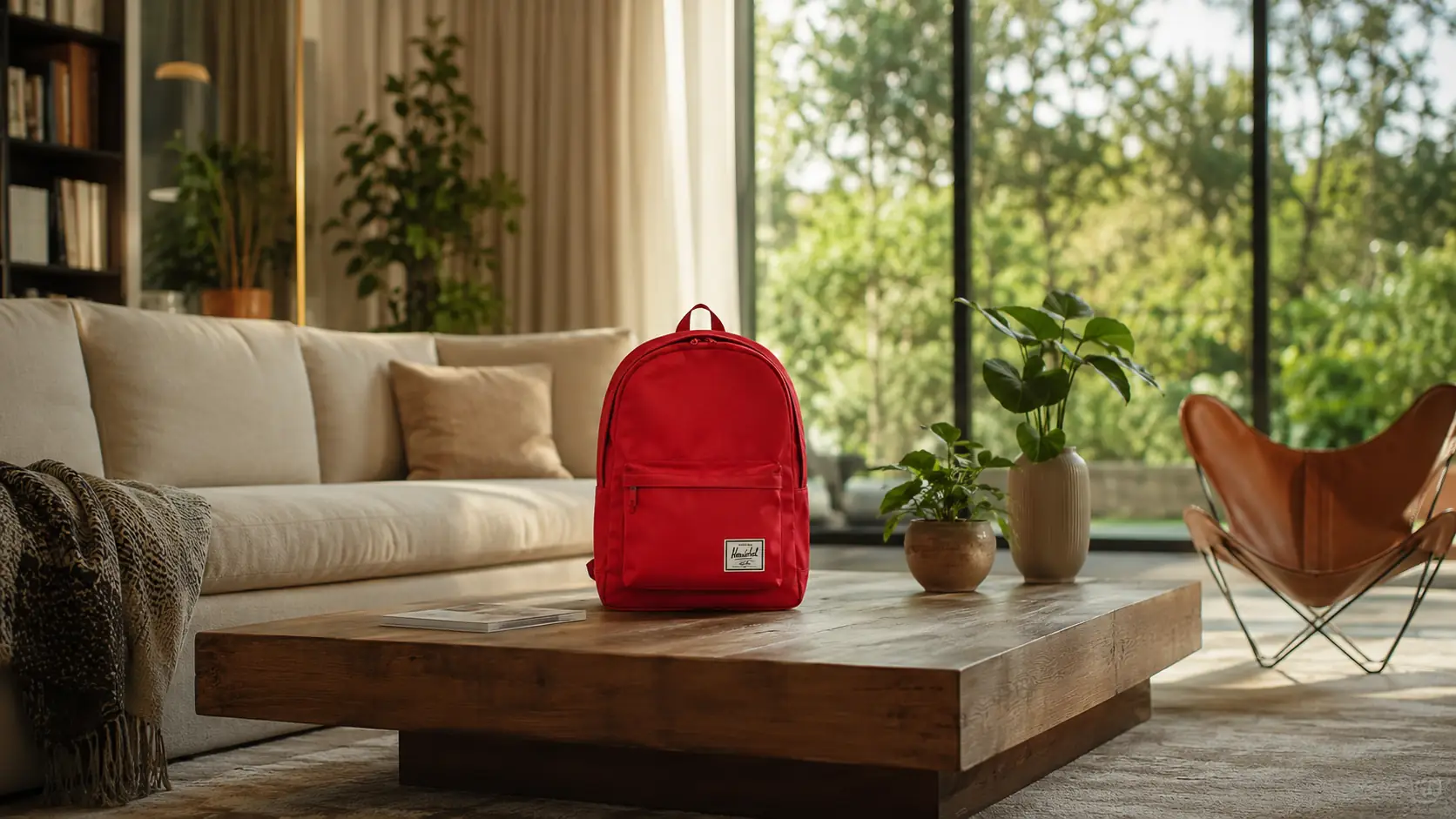 Before-and-after comparison of a red backpack removed from a living room coffee table.