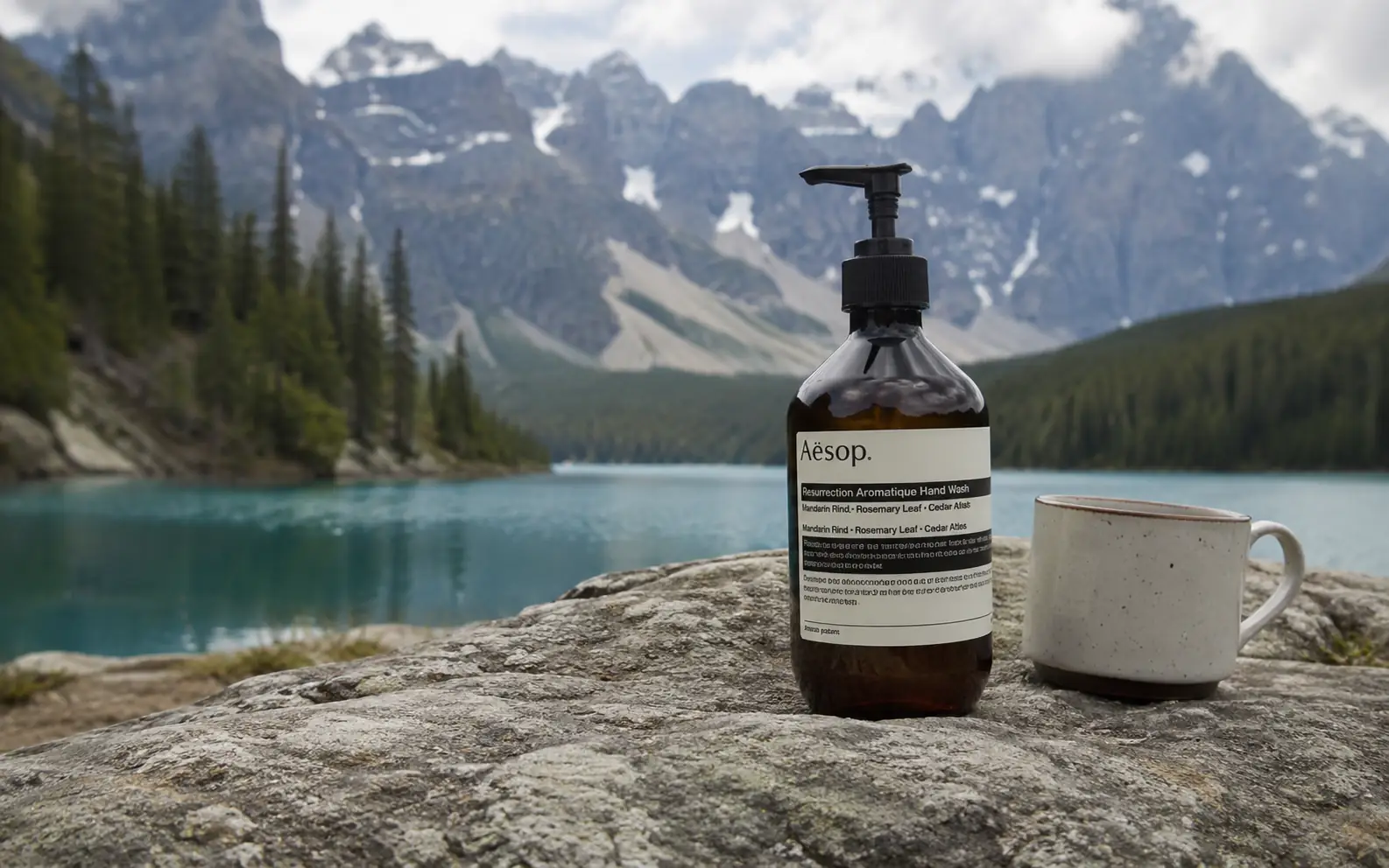 Before-and-after comparison of a bottle removed from a mountain lake photo while keeping the rock surface and background intact.
