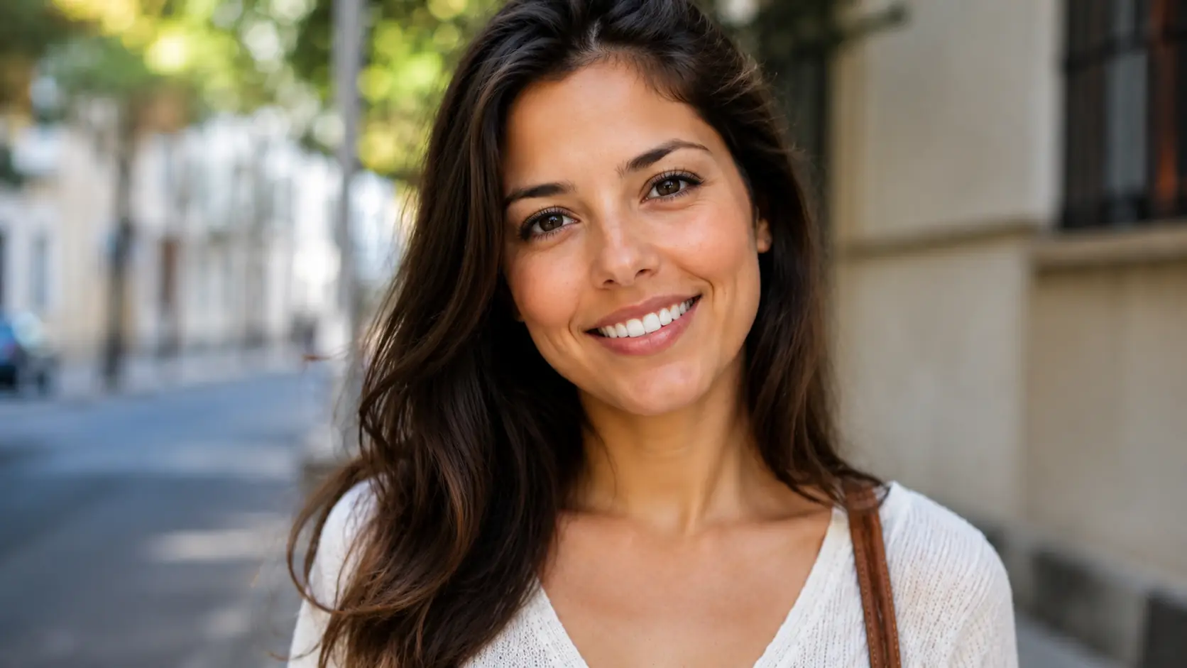 Before-and-after comparison of a soft outdoor portrait sharpened for clearer eyes, hair, and facial detail. result