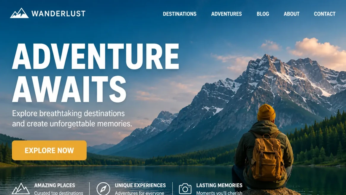 Before-and-after comparison of a travel banner sharpened for clearer headline text, icons, and mountain edges. result