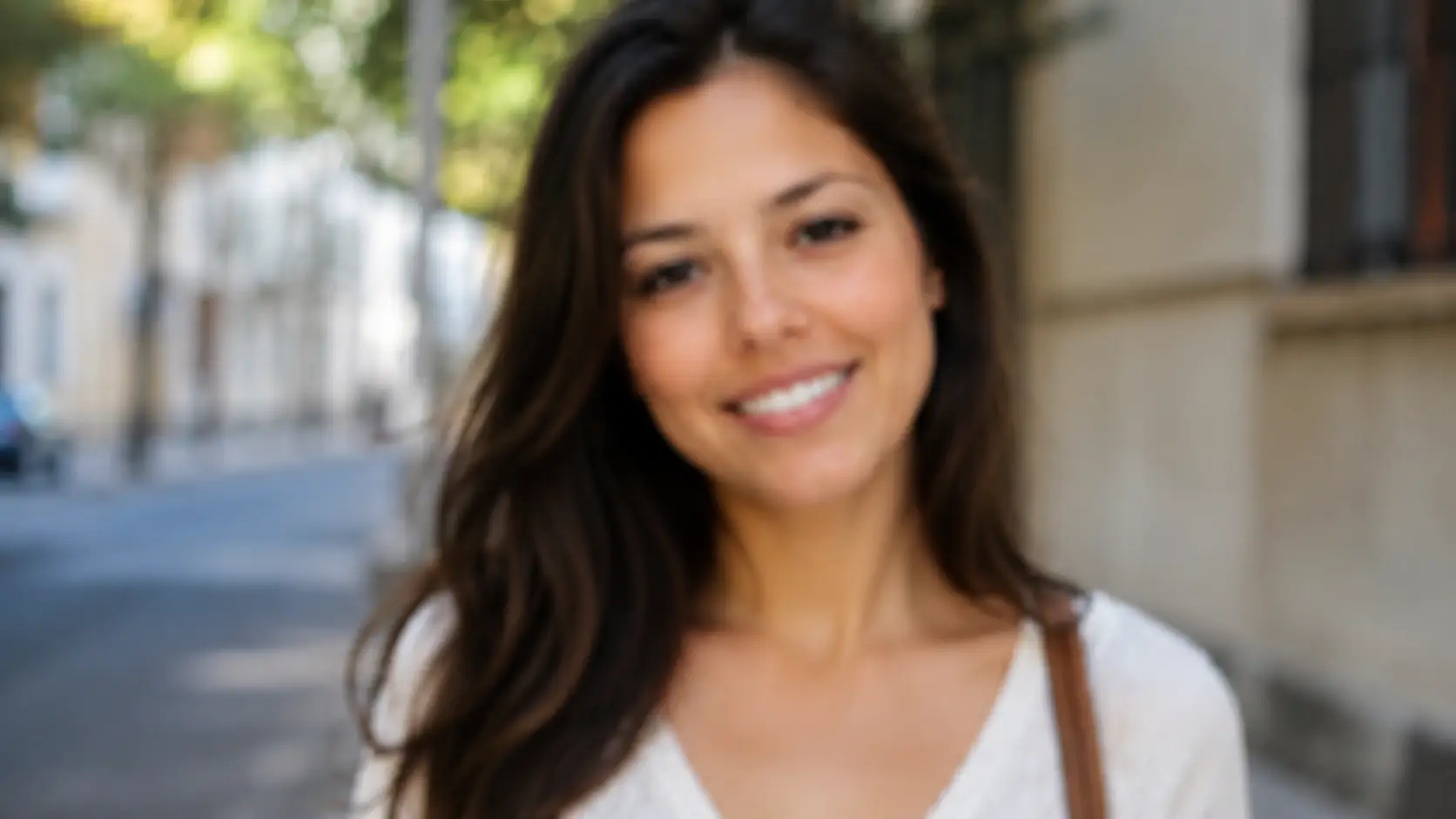 Before-and-after comparison of a soft outdoor portrait sharpened for clearer eyes, hair, and facial detail.