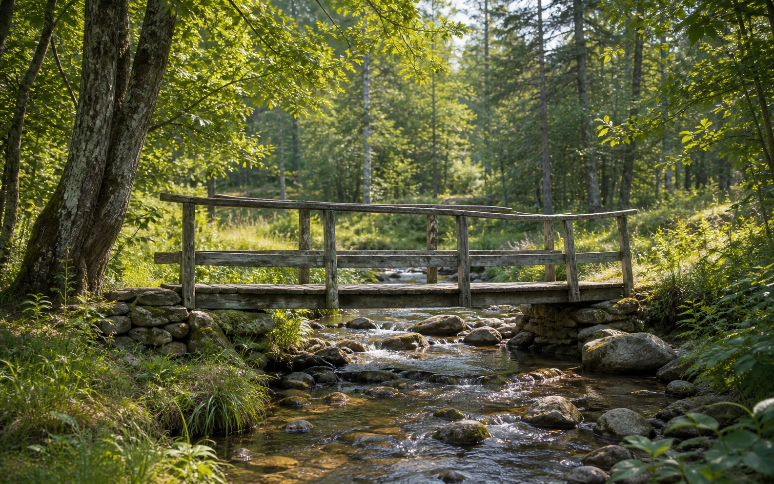 A detailed woodland footbridge photo compared with the same scene reduced to five smoothed tonal values.